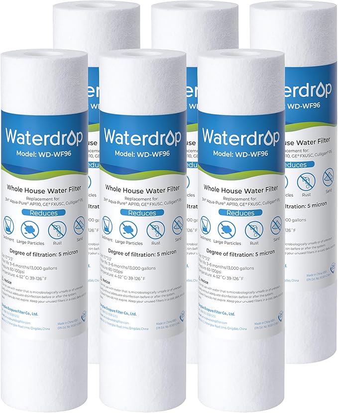 Waterdrop 5 Micron 10" x 2.5" Whole House Water Filter Replacement Cartridge, Sediment Water Filter Replacement for Any 10 inch RO Unit, Aqua-Pure® AP110, Culligan® P5, WHKF-GD05, 6 Pack