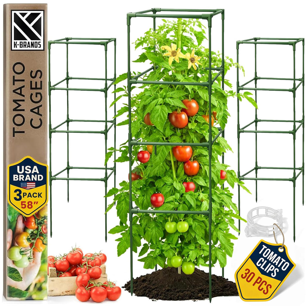 Tomato Cage Square - Large Trellis Stakes and Plant Support Structures for Vegetables and Climbing Plants - Tall Tomato Cages for Garden, Pots, Raised Garden Bed Outdoor Supplies (3 Pack - Up to 58")