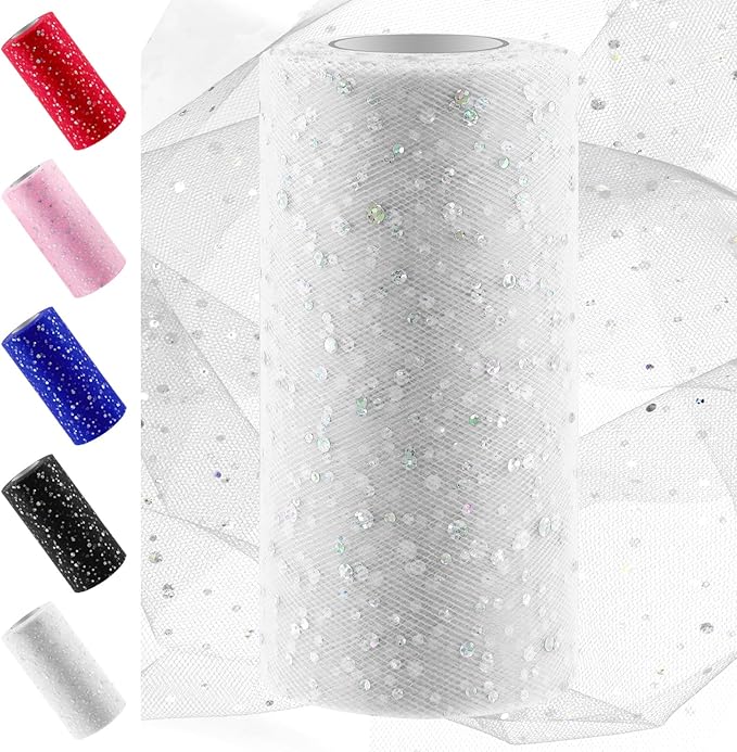 Swpeet 6 Inch by 50 Yards White Glitter Tulle Fabric Roll, Fabric Spool Sparkling Tulle Ribbon, Netting Polyester Spool for DIY Birthday Party Wedding Decorations Christmas Craft Supplies
