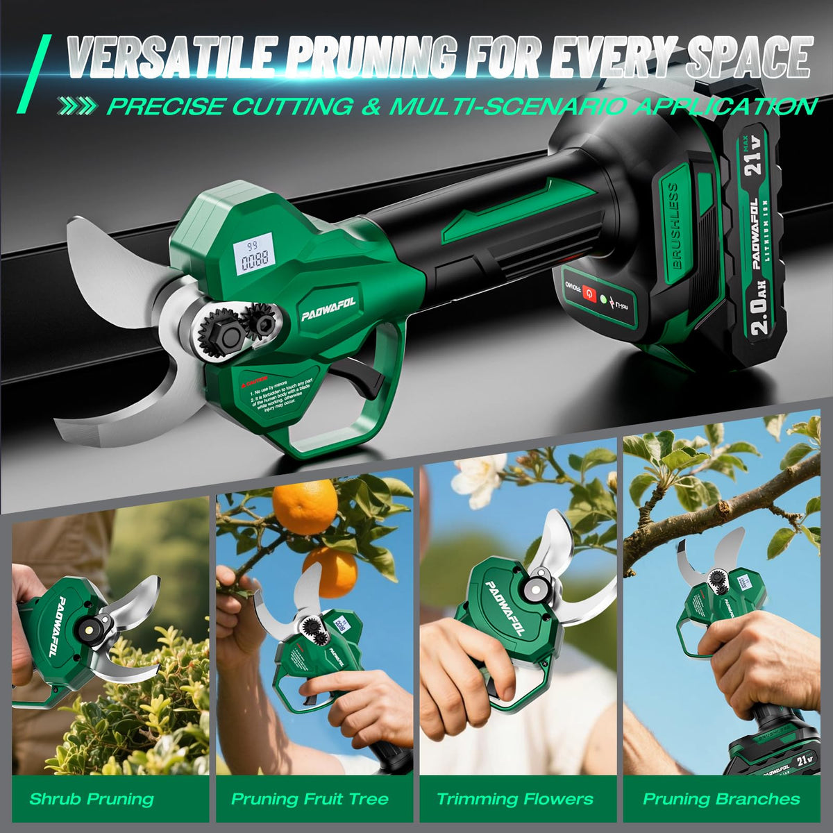PAOWAFOL Electric Pruning Shears, 1.6" (41mm) Cordless Power Pruner with LCD Display, Brushless Motor, 2x2000mAh Batteries, 2xSK5 Blades, Battery Powered Branch Cutter for Garden Trimming