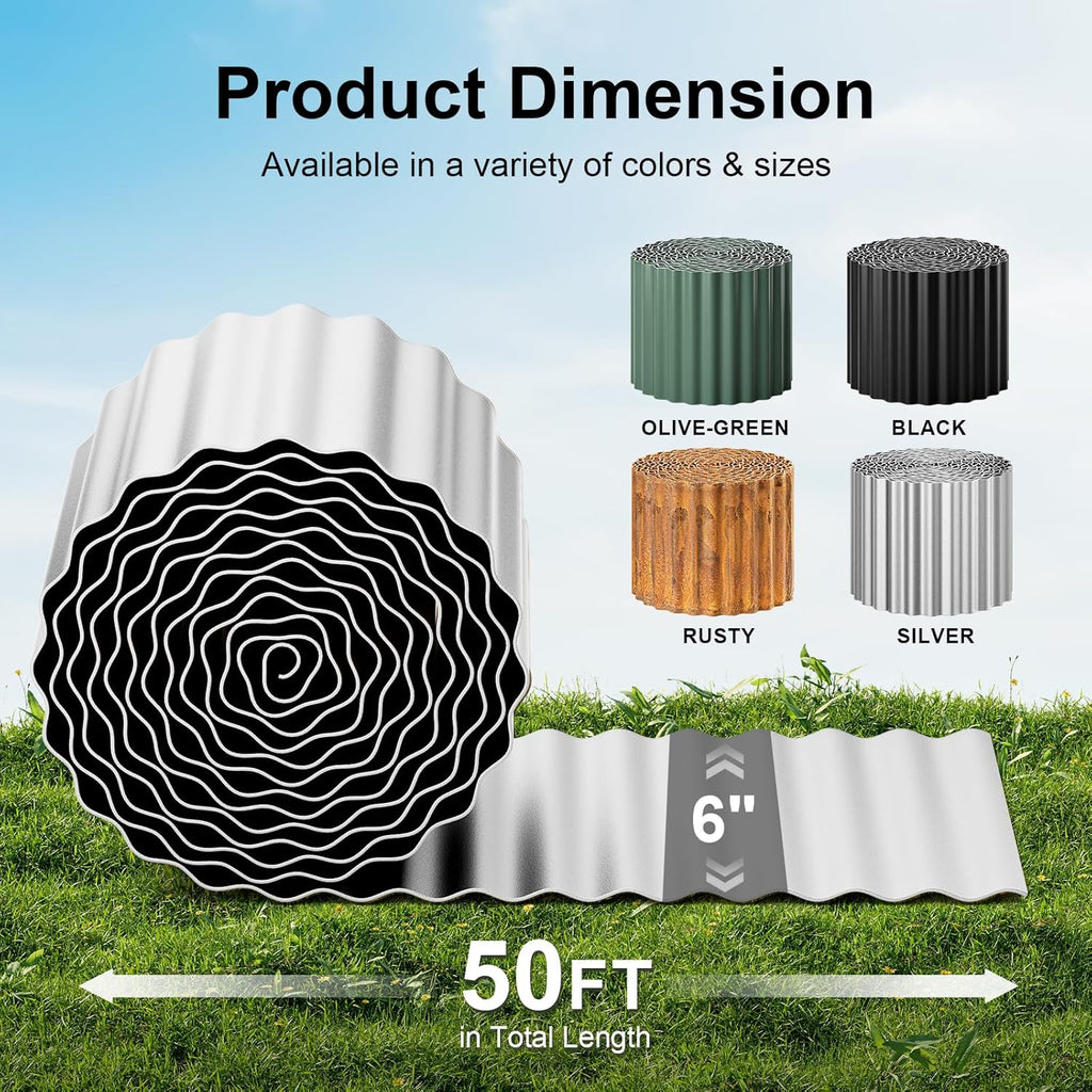 Land Guard Corrugated Garden Edging Border,6" x 50' Landscape Paver Edging, Tall Landscape Edging, Fence for Garden, Flower Bed, Lawn and Landscape Edging (Silver)