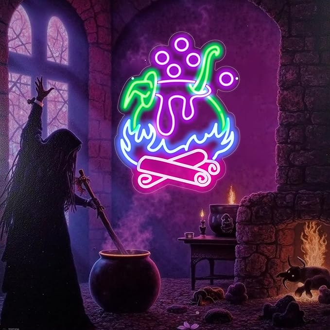 "Witch Brew" Cauldron Neon Sign - Spooky LED Cauldron Wall Art, Spooky Halloween, Witch's Brew Led Sign, Witch Pot Neon Light for Halloween Led Sign Halloween Decorations Party Decor Home Bar