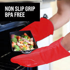 BPA-Free Silicone Oven Mitts Ultra Heat Resistant up to 500°F - Oven Mitts with Thick Cotton Liner - Long Slip Resistant Pot Holders, Flexible Oven Gloves - Canyon Red 13.7