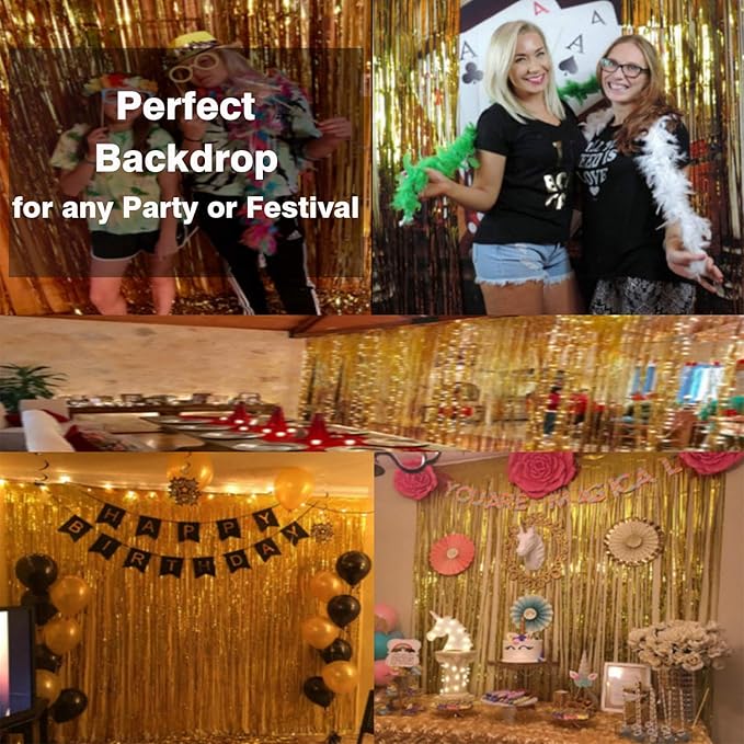 GOER 3.2 ft x 9.8 ft Metallic Tinsel Foil Fringe Curtains Party Photo Backdrop Party Streamers for Birthday,Graduation,New Year Eve Decorations Wedding Decor (Gold,3 pcs)