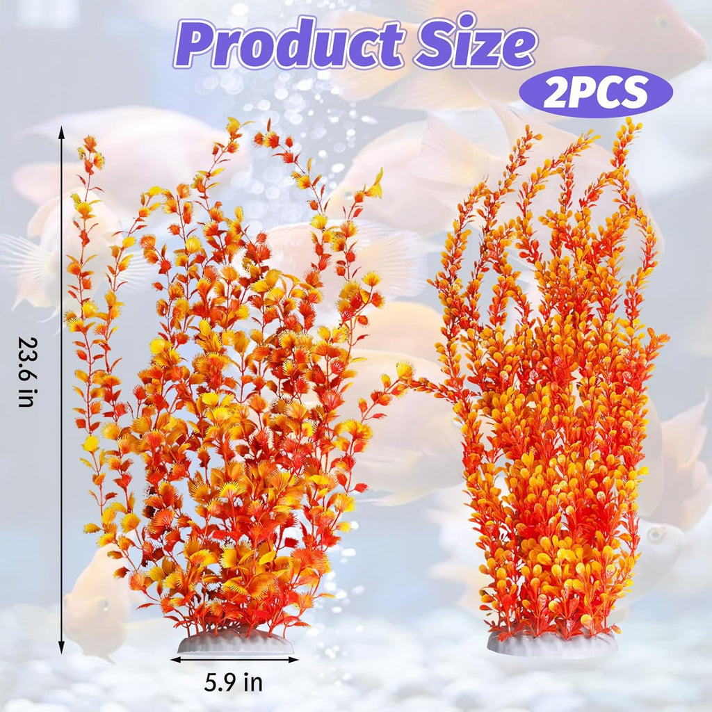 Hamiledyi Aquarium Plastic Plants Aquarium Decor Artificial Fish Tank Plants,Tall Fish Tank Decorations, Extra Large Aquarium Plant 23.6-inch Tall,2PCS（Orange Style B）