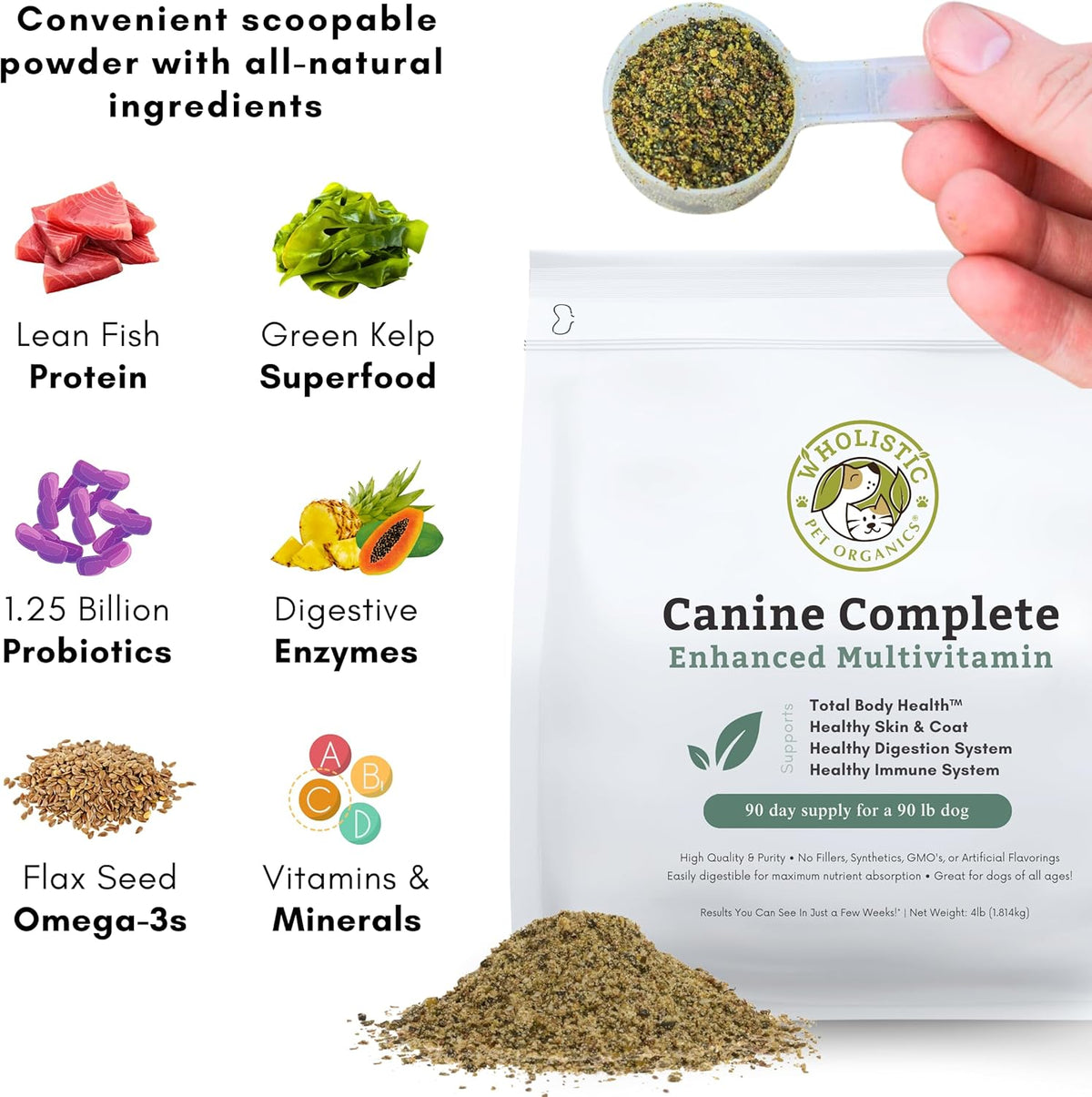 Wholistic Pet Organics Canine Complete - Dog Multivitamin Powder - 4 Lb - Daily Dog Vitamins and Supplements for Homemade Food - Immune System, Skin, Coat & Overall Health - Small and Large Breed