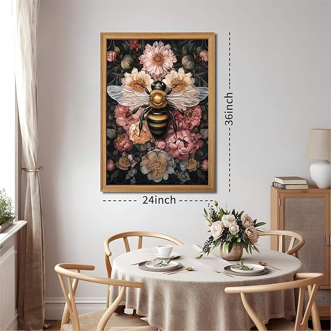Framed Vintage 3D Textured Wall Art - Dark College Bee Flowers Wall Decor - Hand Drawn Sandstone Nature Botanical Pictures for Living Room Bedroom Home Decor 24x36in