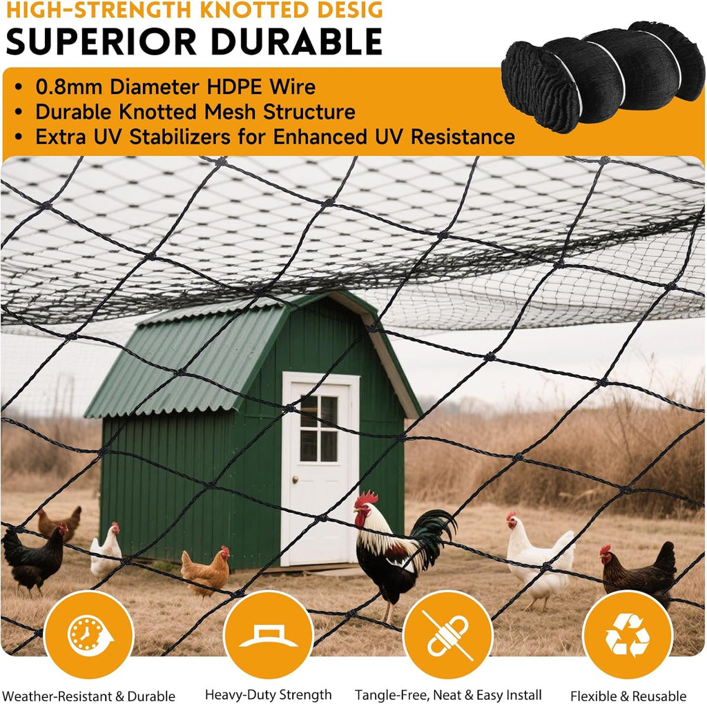 Heavy Duty Aviary Netting 25x50 ft, 1" Mesh Reinforced HDPE Poultry Netting, Anti-Tangle Bird Netting for Chicken Coop, Hawk Deterrent for Chickens, Garden & Crop Protection