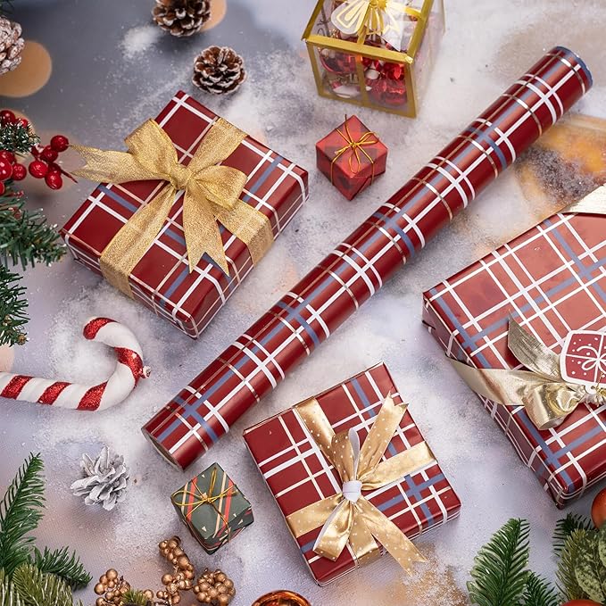 LeZakaa Christmas Red Wrapping Paper Roll, Buffalo Plaid Red for Christmas Winter Holiday Family Gathering, Grid Backing, 17 inches x 32.8 Feet, Mini Roll