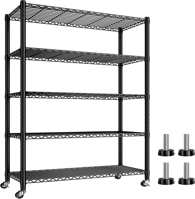 REIBII 76''H Wire Shelving Loads 1980LBS with 25mm Pipe Diameter,Storage Shelves with Wheels Metal Shelves for Storage, 5 Tier Adjustable Garage Shelving Heavy Duty Storage Rack,76''HX36''WX16''D
