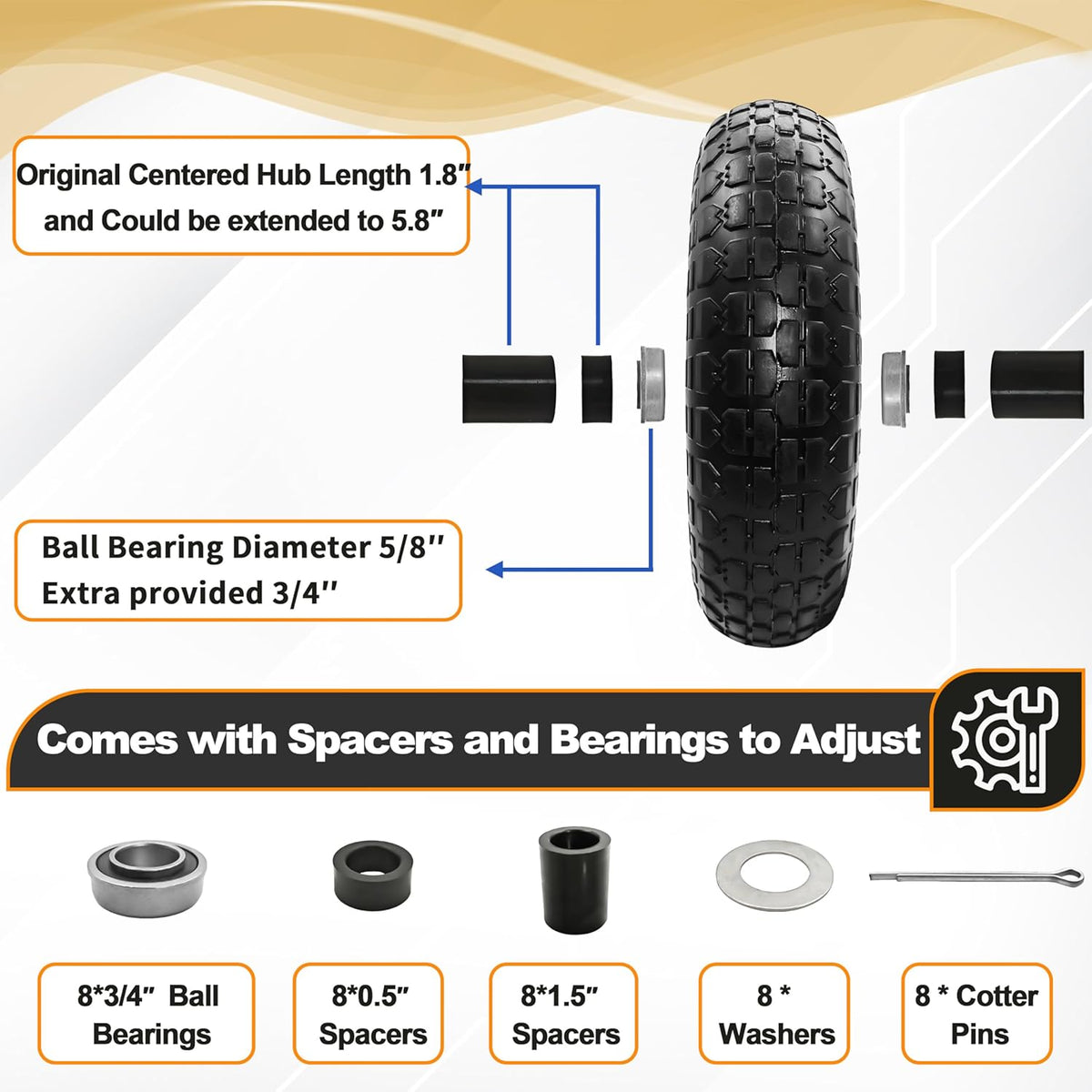 4PC 4.00-6 Flat-Free Tires and Wheels,13" Rubber Solid Tire, with 5/8" & 3/4" Bearing, 1.8"-5.8" Centered Hub Length, 4.00-6 tire and wheel Fit for Gorilla Cart, Garden Cart/Hand Truck/Wheelbarrow etc