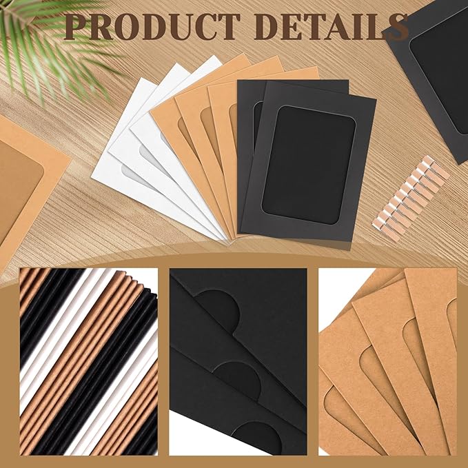 100 Pack Paper Picture Frames, 4x6 Inch Photo Strip Frame Hanging Photo Display Banner, 3 Colors Photo Holder with Wooden Clips and String for Wall Decor and Party Supplies