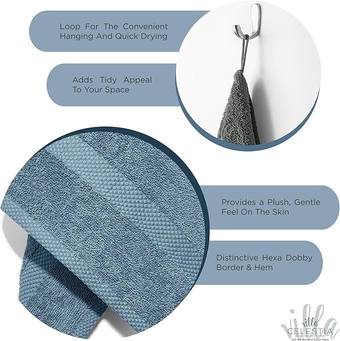 100% Cotton Wash Cloth for face & Body Set of 6, (12 x 12 inches) Sustainable, Soft, Highly Absorbent, Combed Cotton Wash Cloths Pack of 6 for Hotels, Spa, Bathroom, Dorm, Blue