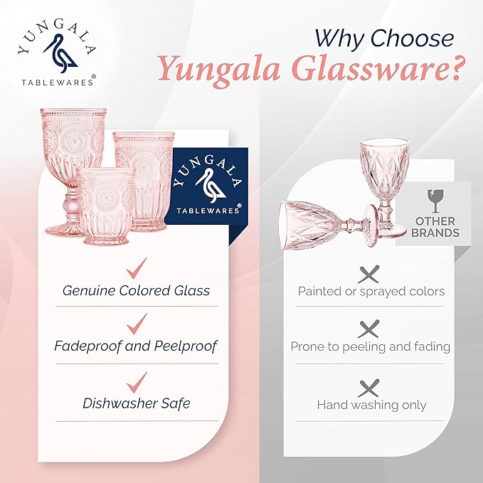 Yungala Pink Wine Glasses, set of 6 pink goblets handcrafted from pink glass (not painted or coated) ensuring your glassware is dishwasher safe and the color won't peel or chip.