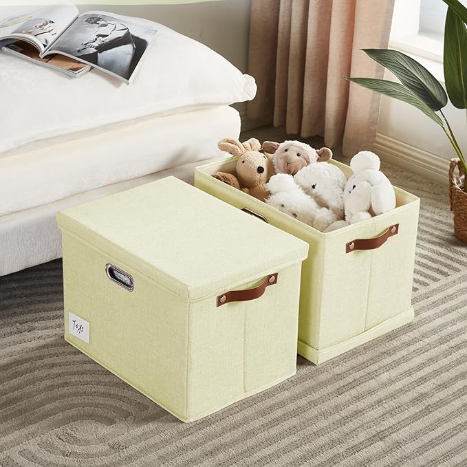 17" Large Collapsible Storage Bins with Lids, Stackable Closet Organizers with PU Handle and Labels, 3-Pack Decorative Fabric Storage Boxes for Home, Bedroom, Closet, Office, Nursery(Beige)