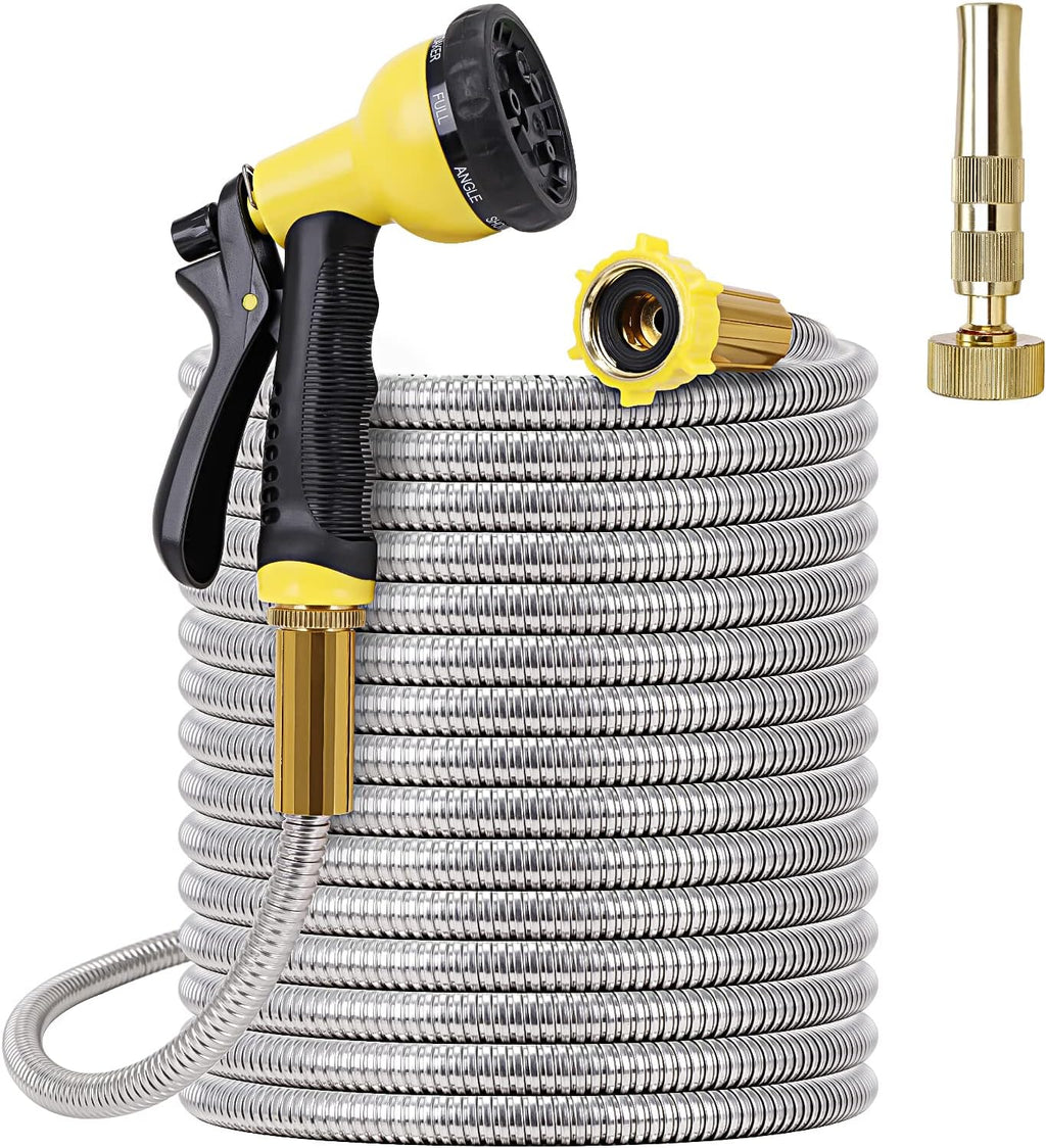 FOXEASE Metal Garden Hose 50FT - Stainless Steel Heavy Duty Water Hose with Metal Nozzle & 8 Function Sprayer, Portable & Lightweight Kink Free Yard Hose, Outdoor Hose