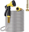 FOXEASE Metal Garden Hose 50FT - Stainless Steel Heavy Duty Water Hose with Metal Nozzle & 8 Function Sprayer, Portable & Lightweight Kink Free Yard Hose, Outdoor Hose