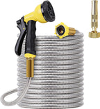 FOXEASE Metal Garden Hose 50FT - Stainless Steel Heavy Duty Water Hose with Metal Nozzle & 8 Function Sprayer, Portable & Lightweight Kink Free Yard Hose, Outdoor Hose
