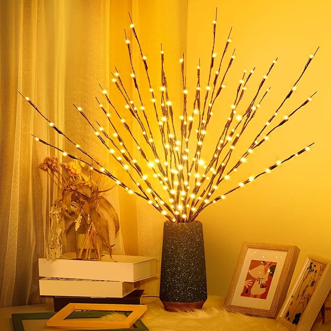 Lights Twig - 60 LED Waterproof & Battery Operated Branch Lights for Vases, Magical Light Up Twigs for Create Christmas Ambience and Lighting Up Dark (3 Pack, Warm Yellow)