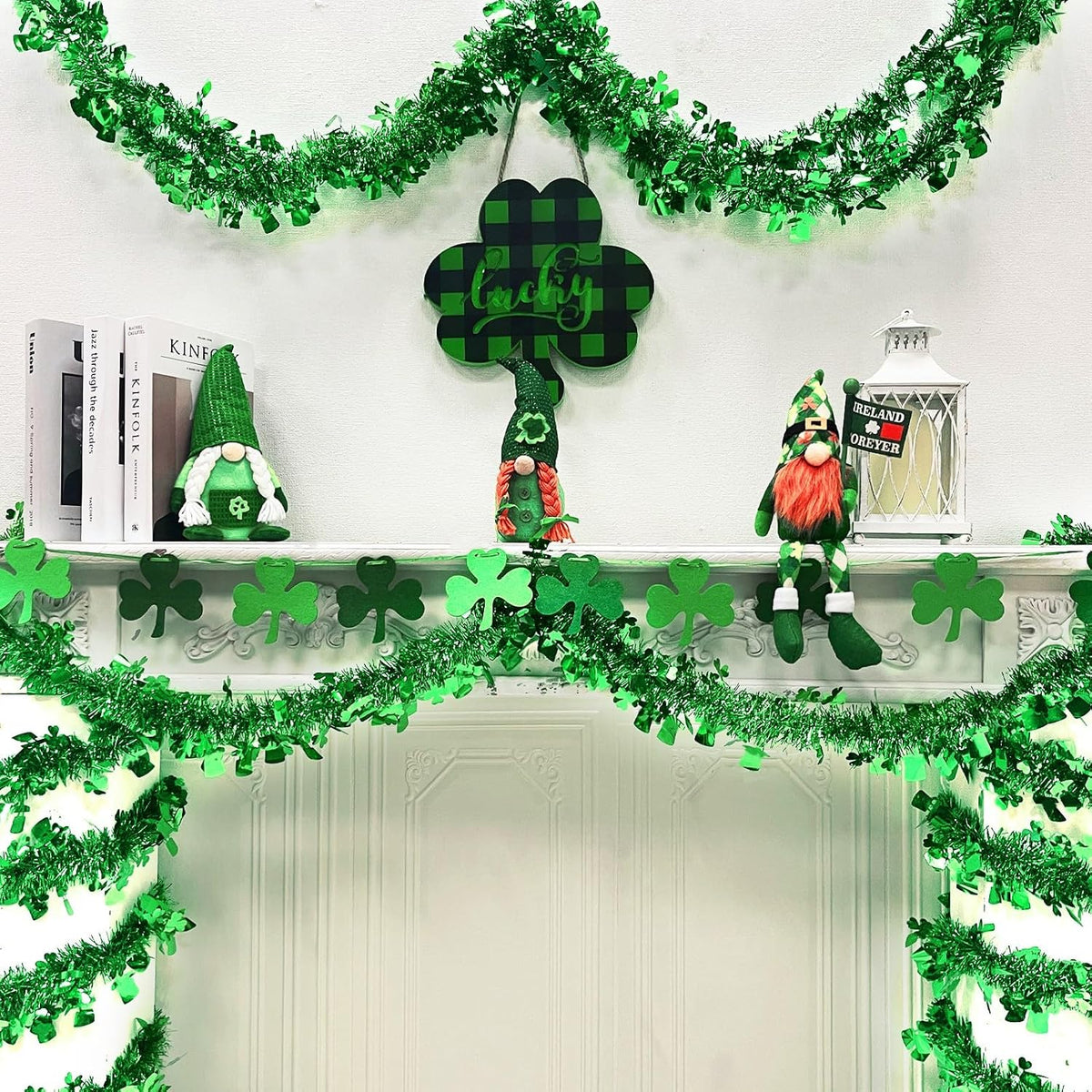 TURNMEON 3 Pack Total 49.2 Ft St.Patrick's Day Tinsel Garlands Decorations DIY Shamrocks Wreath for Front Door Irish Leprechaun Hat St.Patrick's Day Decorations Outdoor Indoor Home,16.4Ft by 4.3" Each
