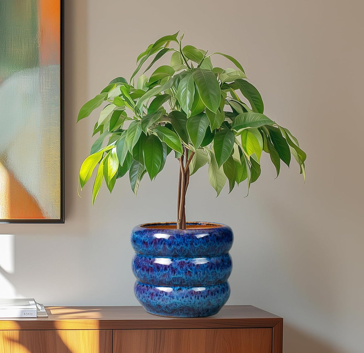 SQOWL Ceramic Planter Pot - 8 Inch Plant Pot Indoor with Drainage Hole Round Outdoor Pot for Plants Decorative Flower Pots Round Planter for Home Room Decor Blue