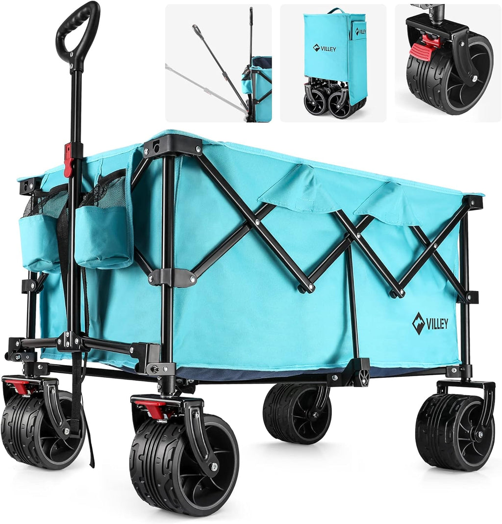 VILLEY Collapsible Folding Wagon with Big Wheels, All Terrain Beach Wagon Cart Heavy Duty Foldable, Enlarged 225lbs Capacity, Portable Utility Garden Cart with 2 Cup Holders and Brake, Blue