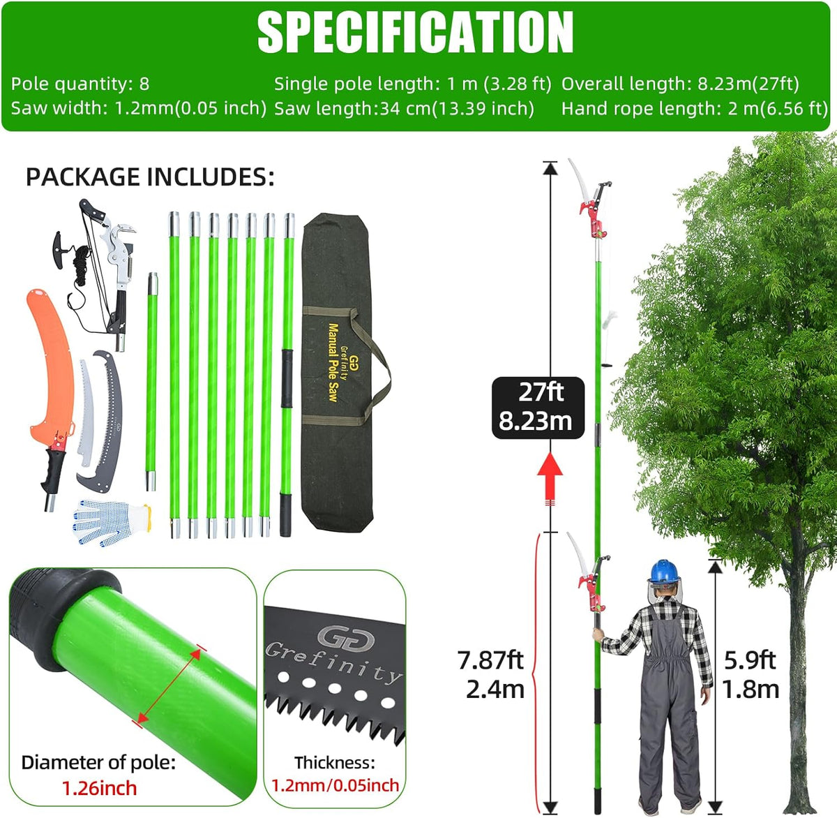 27FT Manual Pole Saw, Tree Branch Trimmer with 8-Section Fiberglass Handle, Sharp Steel Blade and Heavy-Duty Giant Pruning Scissors, Design for High Branch Trimming, Ideal for Palm and Shrub