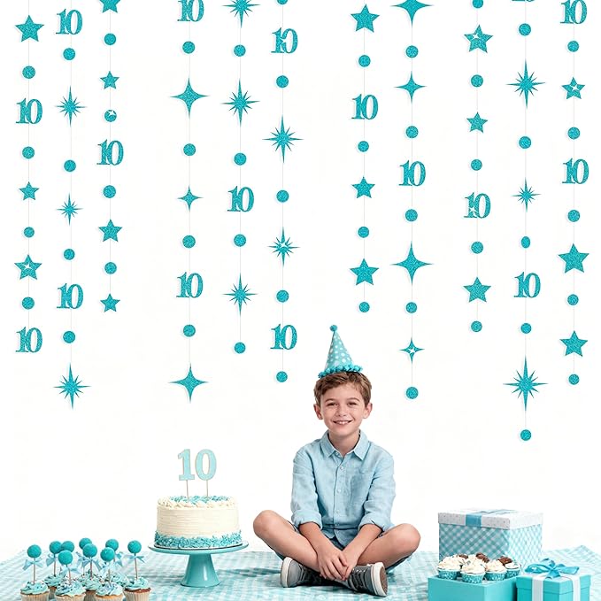 Teal Blue 10th Birthday Decorations Number 10 Circle Dot Star Garland Glitter Streamer Banner Backdrop for Girls Boys Double Digits Cheers to 10 Years Old Birthday 10th Anniversary Party Supplies