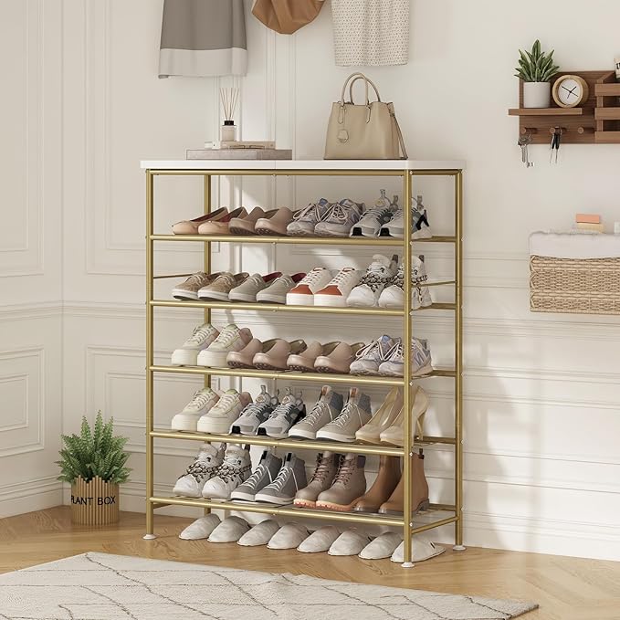 Shoe Rack Organizer 6 Tier for Closet Entryway Free Standing Metal Storage Shoe Shelf with MDF Top Board，Gold