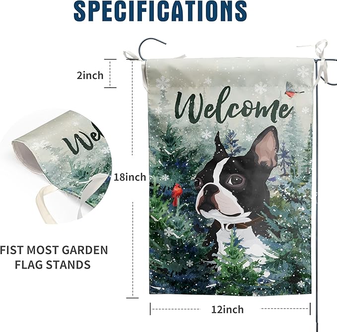 Welcome Winter Garden Flags Boston Terrier Garden Flag Cardinal Birds on Snowy Pine Tree Flag Dog Yard Flags for Outside 12x18 Double Sided Christmas Decorative Lawn Flags