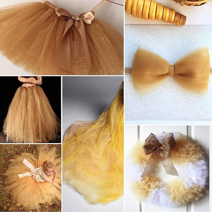 Gold Tulle Fabric Rolls 6 Inch by 100 Yards (300 feet) Fabric Spool Tulle Ribbon for DIY Gold Tutu Bow Baby Shower Birthday Party Wedding Decorations Christmas Craft Supplies