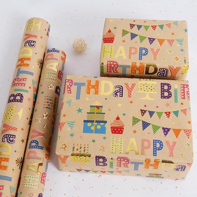 Aimyoo Colorful Birthday Wrapping Paper Roll - 17 Inch X 16.4 Feet - Gold Foil Happy Birthday Lettering, Cupcake & Flags Design Gift Wrap for Kids, Baby Showers