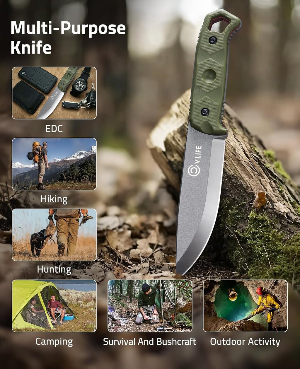 CVLIFE Full Tang Fixed Blade Knife with Sheath,Sharp Blade Made of D2 Steel with Nylon Fiberglass Handle,Survival Knife for Men Outdoor Hunting Camping and EDC Bushcraft,Green