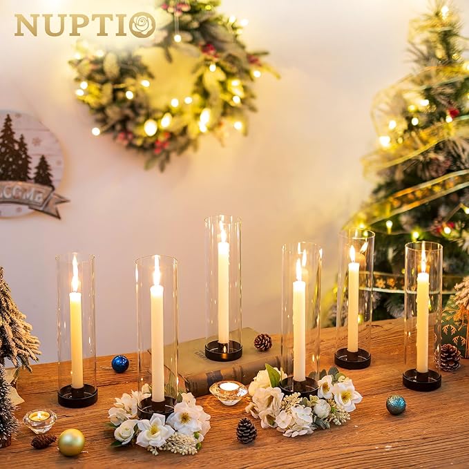 NUPTIO Black Taper Candle Holders: 10 Pcs Bulk 11.81 inch Tall Hurricane Glass Candlestick Tapered Holder Windproof Modern Clear Candles Stand for Outdoor & Indoor Wedding Party Holiday Centerpiece