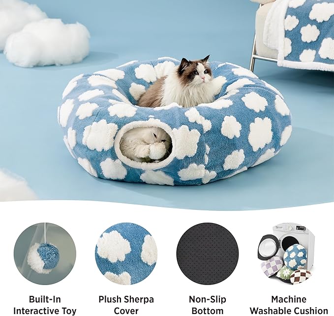 Lesure Cat Tunnel Bed for Indoor Cats - Cute Cat Donut Tunnel Toys for Small Large Cats with Washable Circle Cushion, Round Pet Peekaboo Cave Toy for Kitten/Puppy/Rabbit, Standard Cozy Clouds Blue
