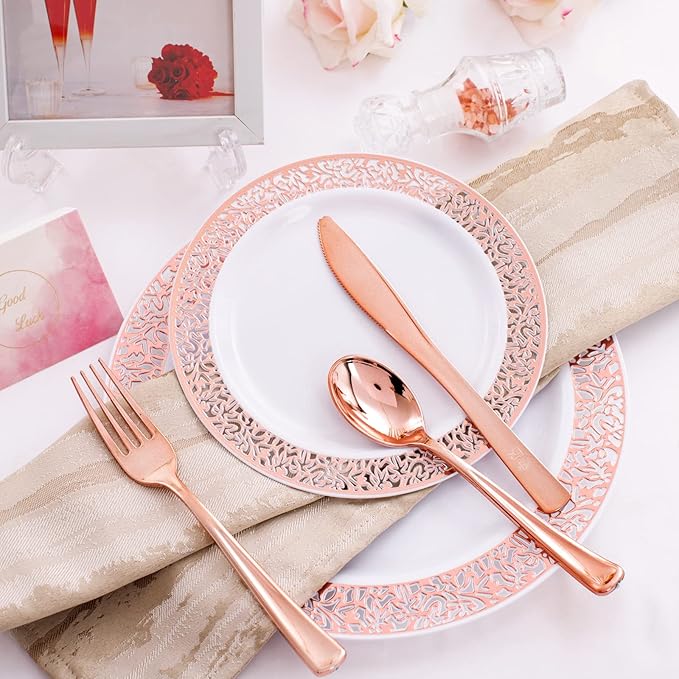 WELLIFE 175 Pieces Rose Gold Plastic Dinnerware,Rose Gold Dinnerware Set Include: 25 Dinner Plates 10.25", 25 Salad Plates 7.5", 25 Cups, 50 Forks, 25 Knives and 25 Spoons for Party