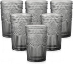 Vintage Glassware Drinking Glasses Set of 6,13 oz Grey Textured Flower Design Glass Water Tumblers，Embossed Striped Drinkware for Water,Cocktails,Juice,Iced Coffee
