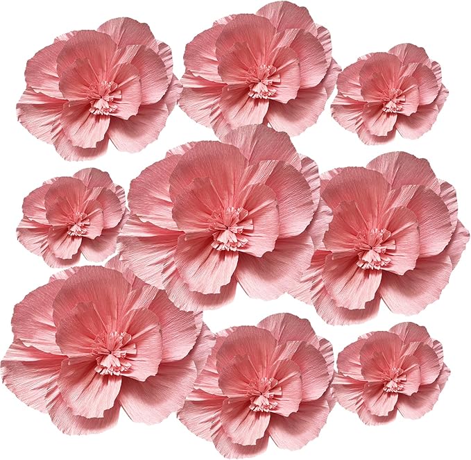 BRT Bearingshui Crepe Paper Flowers Decoration for Wall Total 9 Pcs, Artificial Flowers for Wedding Decor,Flower Backdrop Decor, Baby Bridal Shower Birthday Party, Pink 3D Wall Flowers Decor
