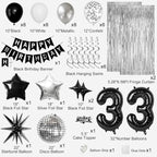 33rd Birthday Decorations for Men Women, Black Silver Happy Birthday Party Decorations， 33 Year Old Party Supplies with Number 33 Balloons, Banner, Fringe Curtains Kit