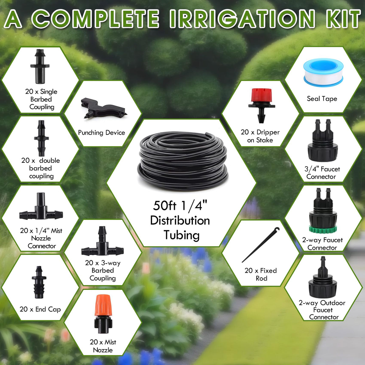 Flantor Drip Irrigation Kit, Drip Irrigation System for Garden with 1/4" Irrigation Tubing DIY Saving Water Automatic Watering System for Garden, Greenhouse, Flower Bed, Patio, Lawn