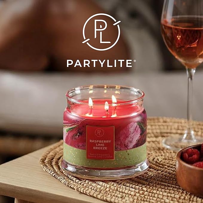 PartyLite 3-Wick Jar Candle, Highly Fragranced Clean Burning Glass Candle, 25-45 Hours Burn Time (Raspberry Lime Breeze)