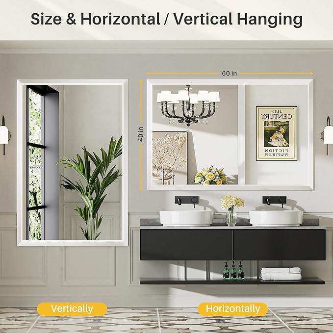 60x40 Inch White Bathroom Mirror for Wall, Thick Metal Framed Rectangle Mirrors for Over Sink, Bedroom, Living Room, Entryway, Anti-Rust, HD Tempered Glass