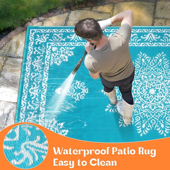 Yamaziot Outdoor Rug 9x18 Ft, Waterproof Plastic Straw Patio Rug, Reversible Backyard Carpet UV Resistant Portable RV Mat Clearance, Large Indoor Outdoor Rug for Patio, Porch, Deck, Balcony, Teal