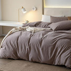 JIYUAN 100% Washed Cotton Duvet Cover Set 3 Pieces Oversized Queen, 1 Duvet Cover 98x98 Inches(Comforter Not Included) and 2 Pillowcases,Linen Like Comfy and Breathable, Heathered Mauve Brown