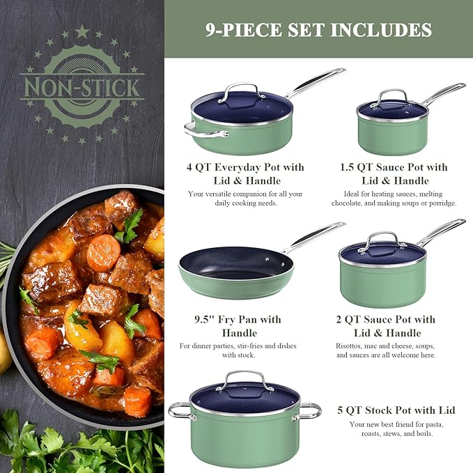 Nuwave 9pc Cookware Set Healthy Duralon Blue Ceramic Nonstick Coated, Diamond Infused Scratch-Resistant, PFAS Free, Oven Safe, Induction Ready & Evenly Heats, Tempered Glass Lids & Stay-Cool Handle