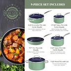 Nuwave 9pc Cookware Set Healthy Duralon Blue Ceramic Nonstick Coated, Diamond Infused Scratch-Resistant, PFAS Free, Oven Safe, Induction Ready & Evenly Heats, Tempered Glass Lids & Stay-Cool Handle