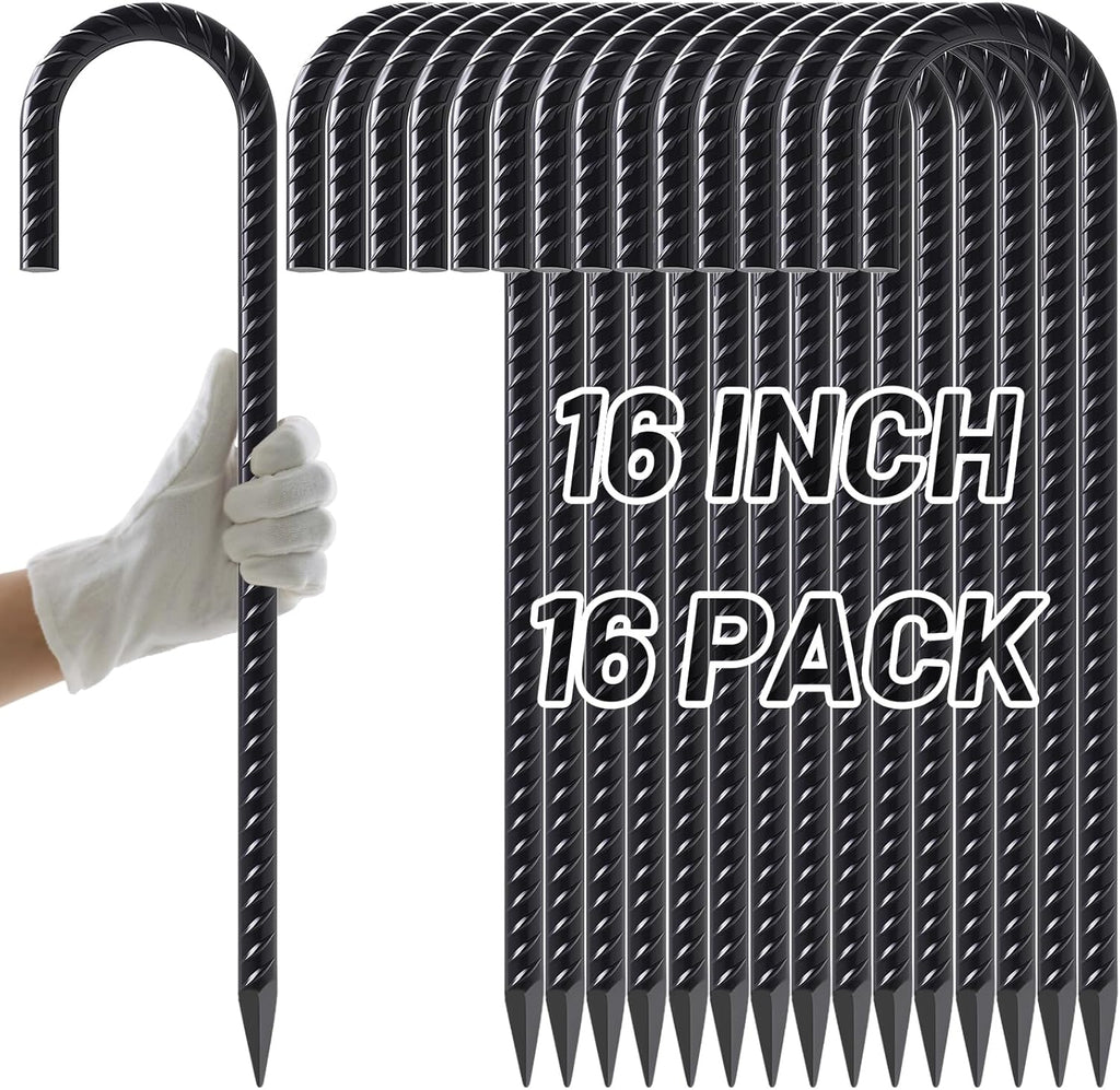 AAGUT Rebar Stakes 16 Inch 16 Pack 1/2" Heavy Duty J Hook Ground Spikes, Tent Stakes Chain Link Fence Metal Steel Anchors for Outdoor Decorations, Inflatables, Trampoline, Canopy, Swing Set