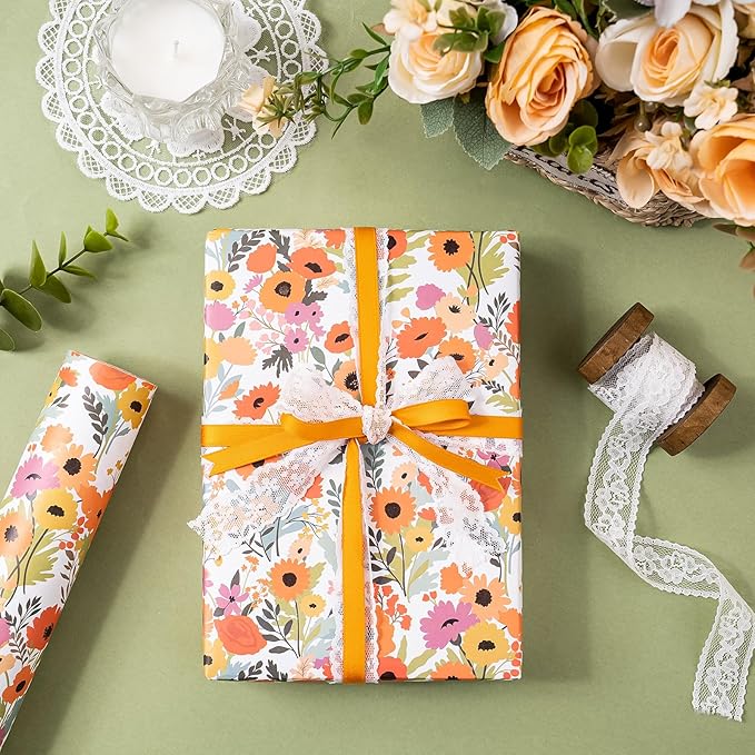 WRAPAHOLIC Kraft Floral Wrapping Paper Roll - Mini Roll - 17 Inch x 9.8 Feet - Bright Summer Flower Wrapping Paper, Perfect for Wedding, Birthday, Bridal Shower, Tea Party