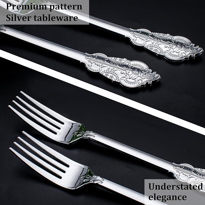 WDF 100 Piece Silver Forks Disposable - 7.48 Inch Silver Plastic Forks - Baroque Silverware for Dessert Cake - Heavy Duty Plastic Fork for Christmas Party, Wedding or Daily Using