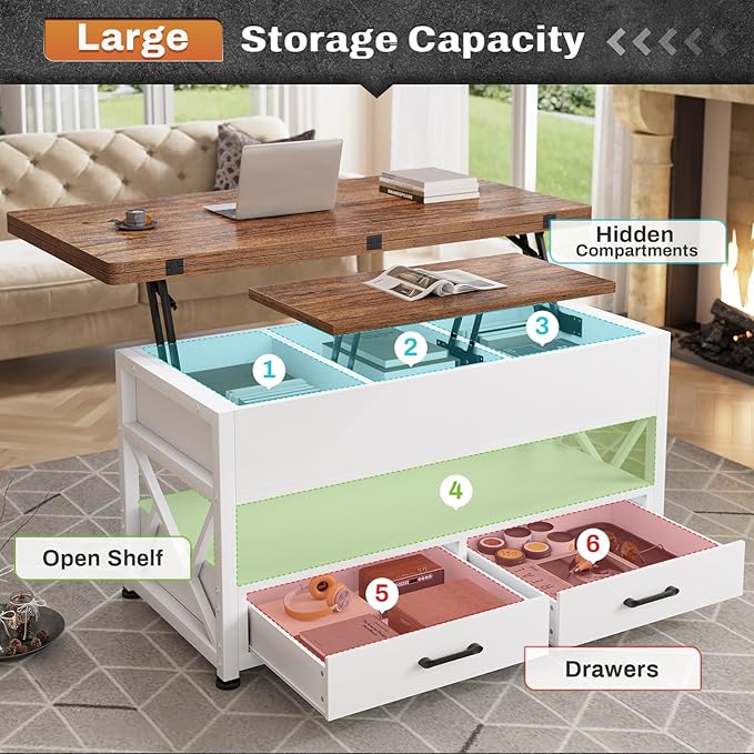 Itaar 40" Lift Top Coffee Table, 4 in 1 White Coffee Tables with Storage for Living Room, Small Coffee Table with 2 Drawers & LED Light for Dining Room, White and Rustic Brown